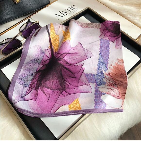 None Accessories - Purple Floral Silk Scarf